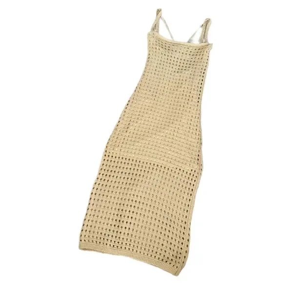 Dresses | Indikah Crochet Knit Dress S Small Lined Midi Bodycon Beige |  Poshmark